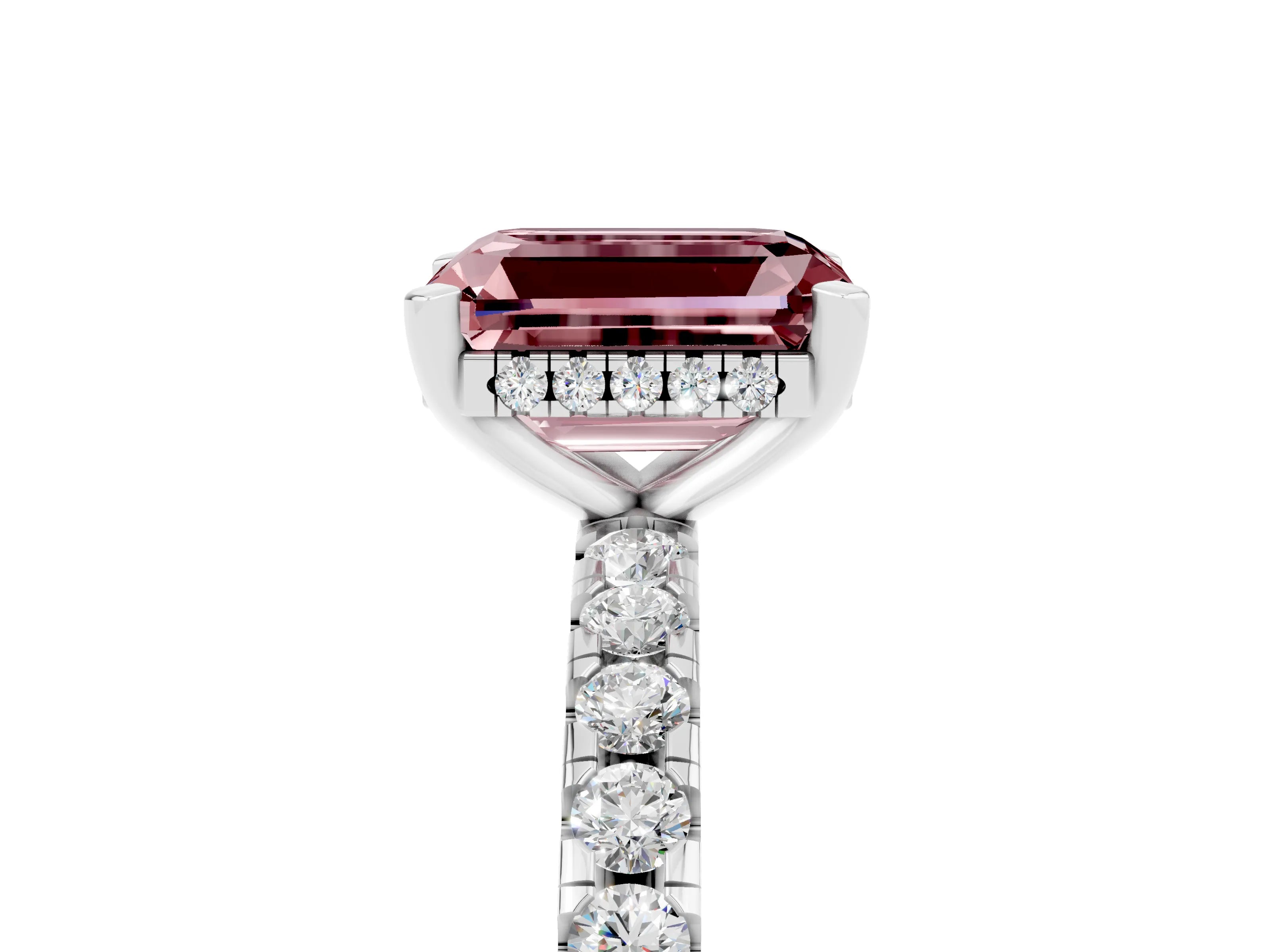 White gold Emerald Cut Morganite Solitaire Ring with Pavé Band and Four-Prong Setting_29