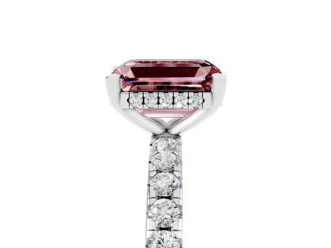 White gold Emerald Cut Morganite Solitaire Ring with Pavé Band and Four-Prong Setting_29