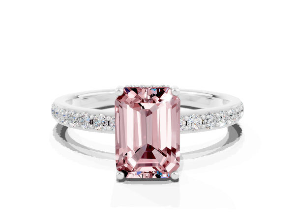 Silver Emerald Cut Morganite Solitaire Ring with Pavé Band and Hidden Halo