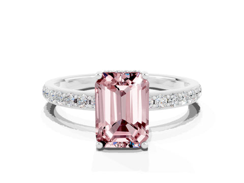 White gold Emerald Cut Morganite Solitaire Ring with Pavé Band and Hidden Halo_30