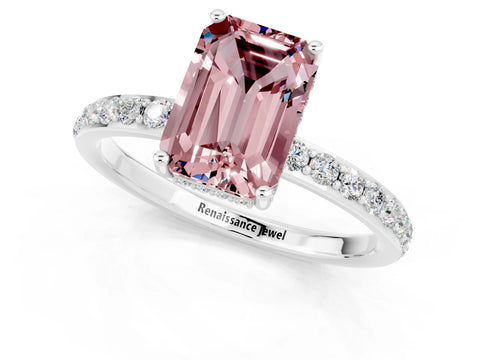 White gold Emerald Cut Morganite Solitaire Ring with Pavé Band and Hidden Halo_31