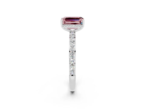 White gold Emerald Cut Morganite Solitaire Ring with Pavé Band and Hidden Halo_32