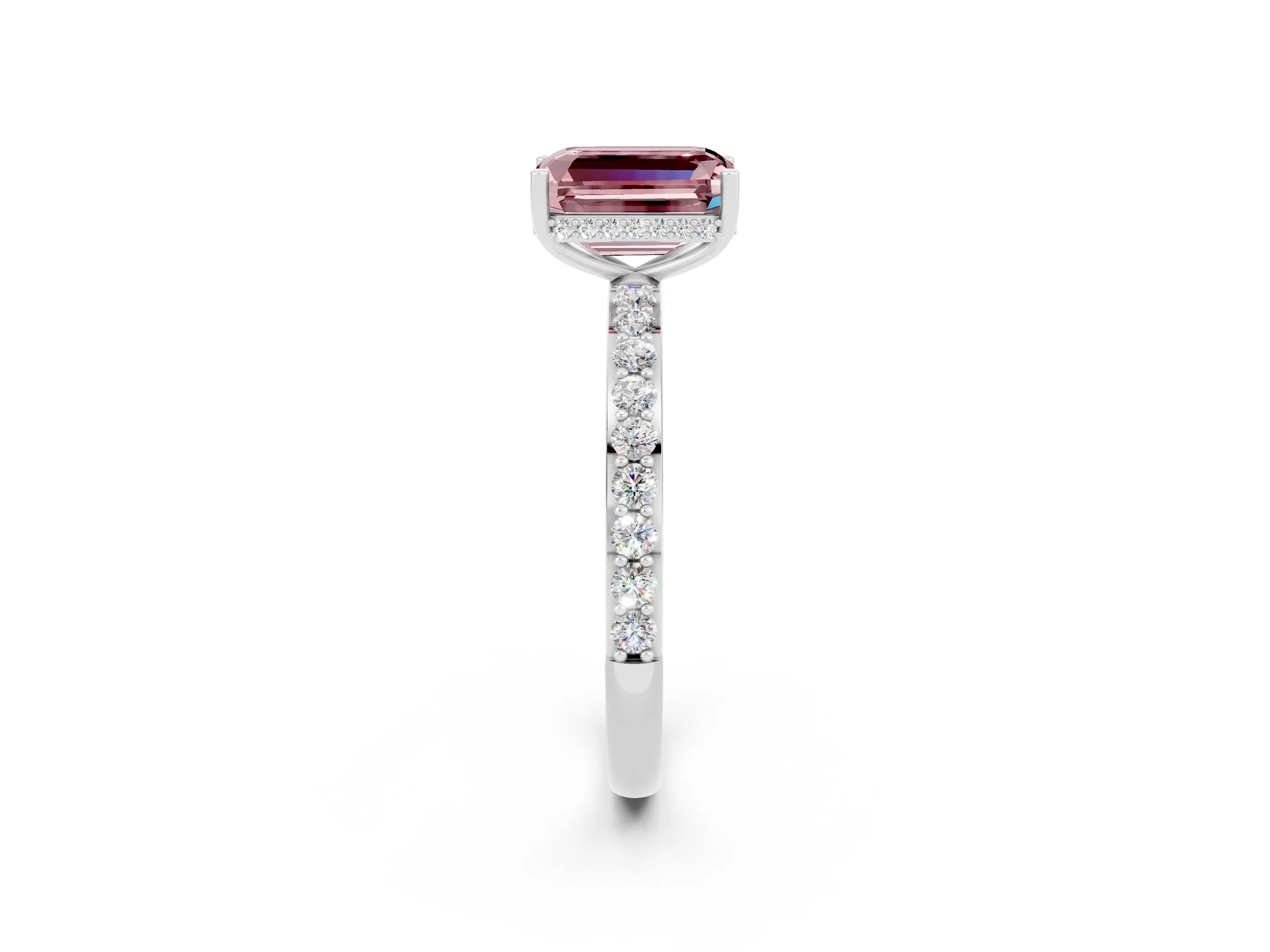 White gold Emerald Cut Morganite Solitaire Ring with Pavé Band and Hidden Halo_37