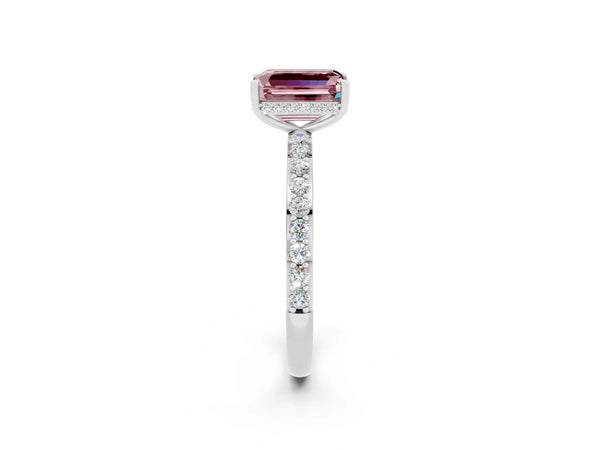 Platinum Emerald Cut Morganite Solitaire Ring with Pavé Band and Hidden Halo