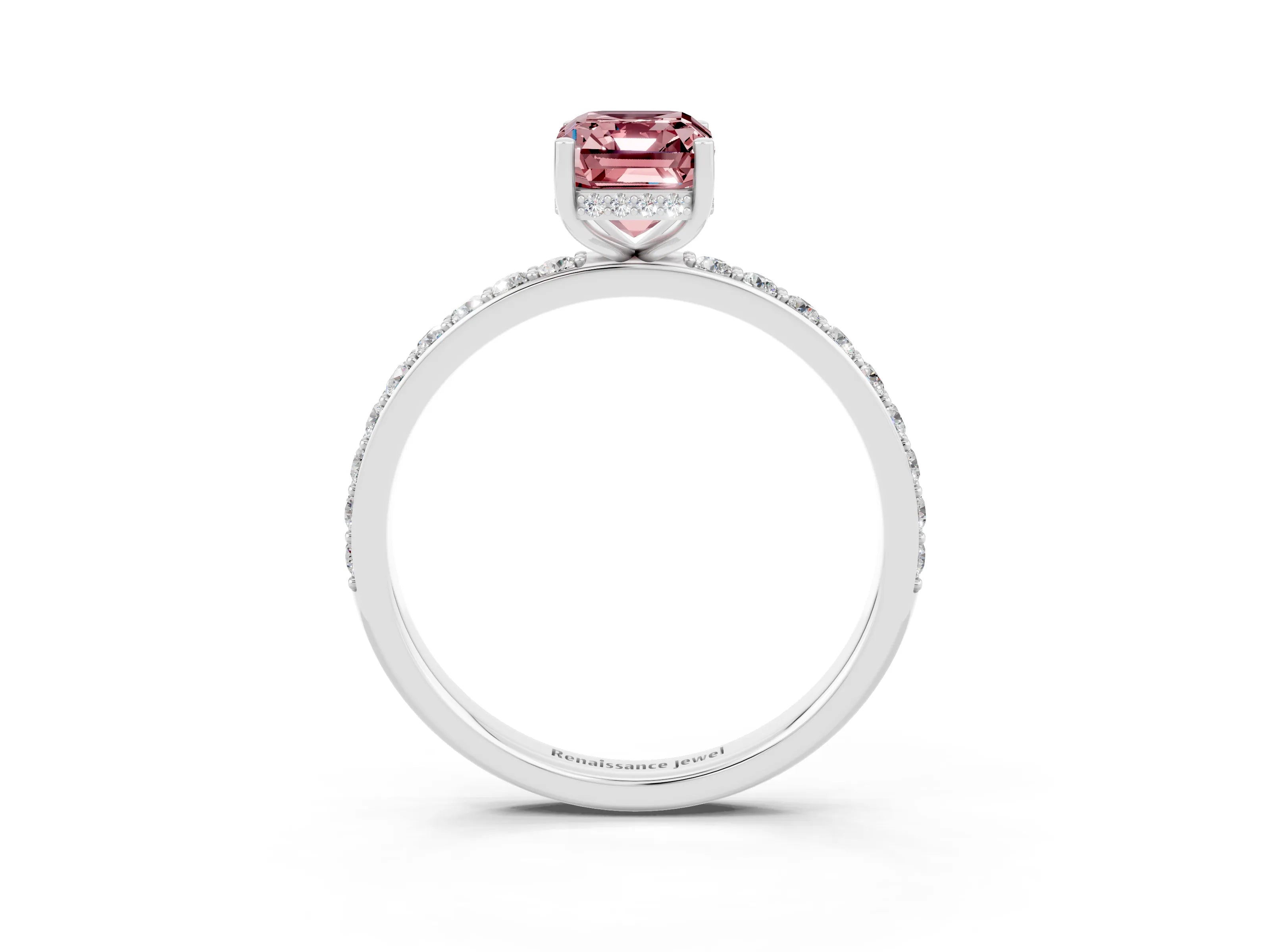 White gold Emerald Cut Morganite Solitaire Ring with Pavé Band and Hidden Halo_38