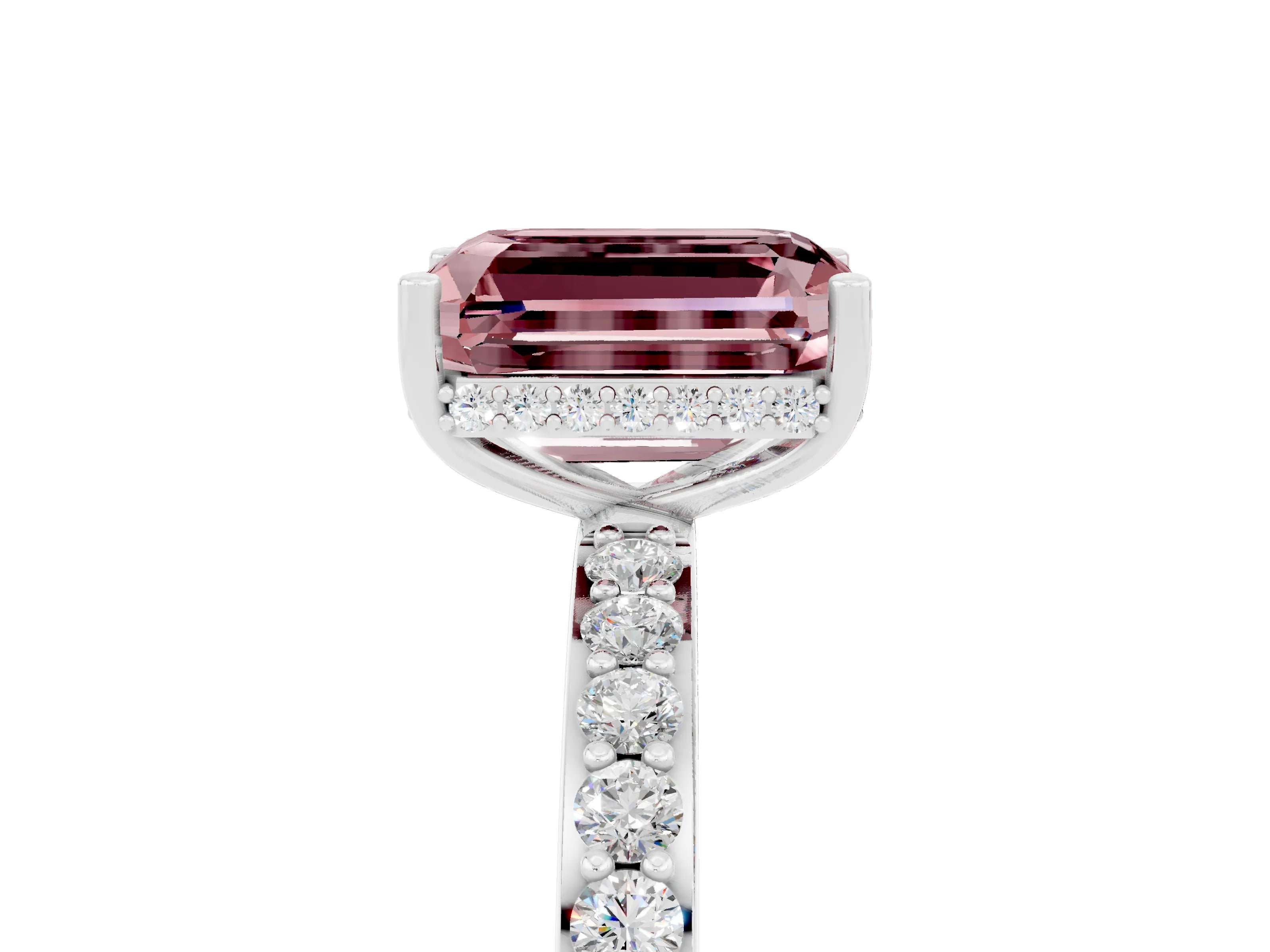 White gold Emerald Cut Morganite Solitaire Ring with Pavé Band and Hidden Halo_40