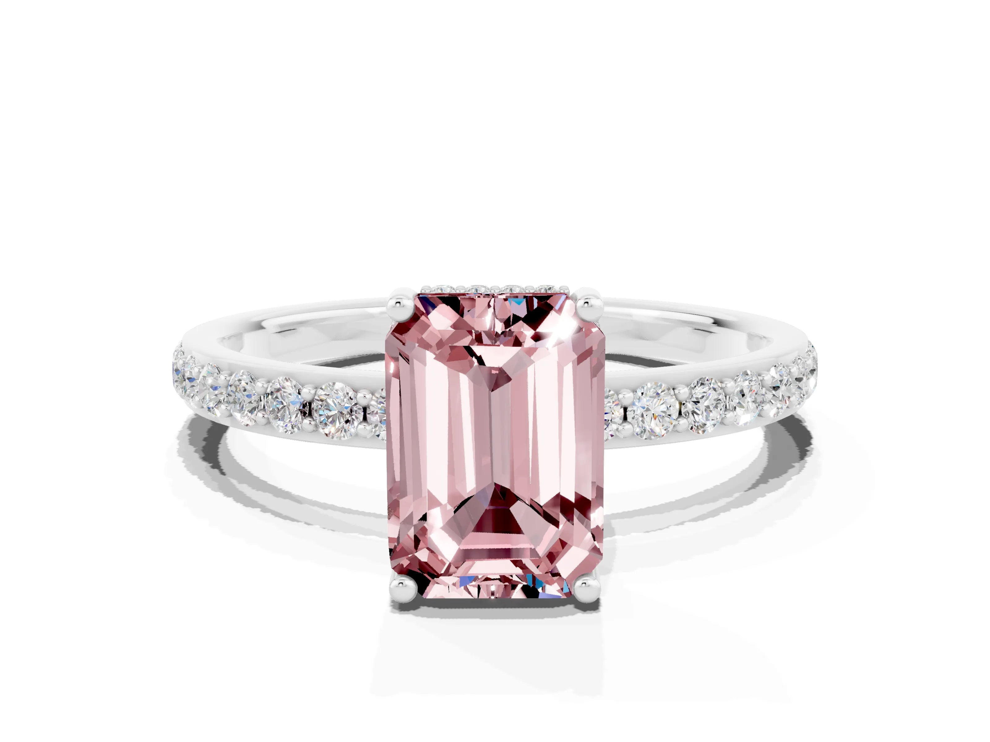 White gold Emerald Cut Morganite Solitaire Ring with Pavé Band and Hidden Halo_54