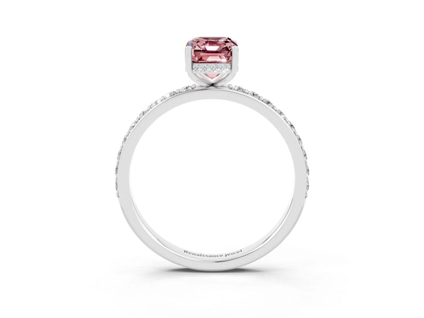 White gold Emerald Cut Morganite Solitaire Ring with Pavé Band and Hidden Halo