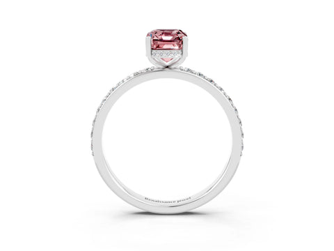 White gold Emerald Cut Morganite Solitaire Ring with Pavé Band and Hidden Halo_57
