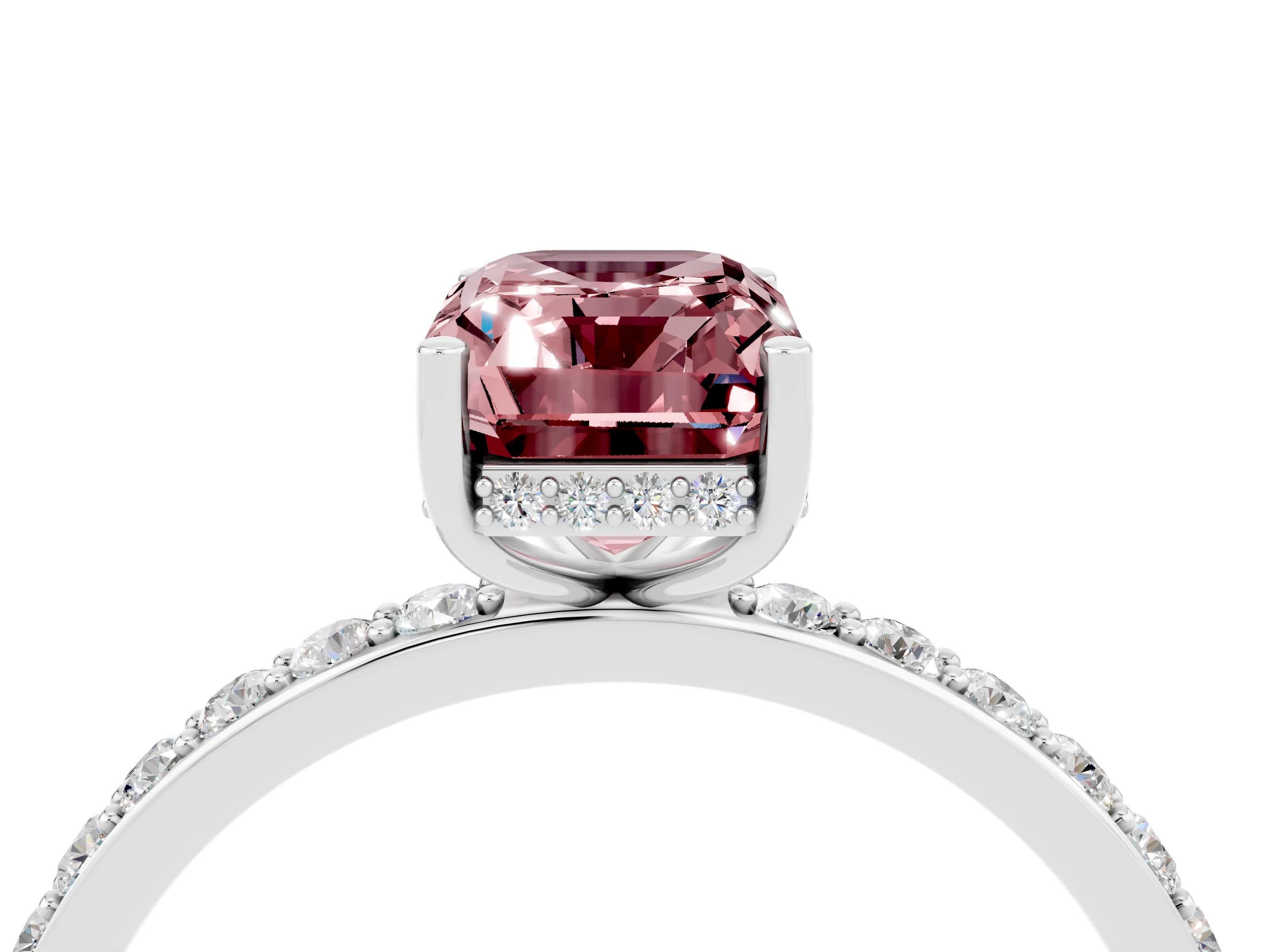 White gold Emerald Cut Morganite Solitaire Ring with Pavé Band and Hidden Halo_58