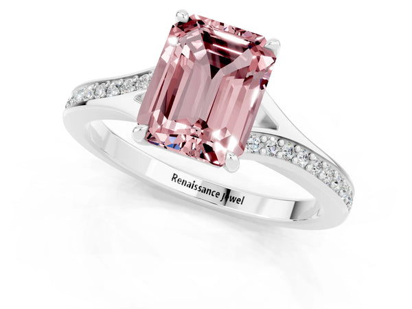 Platinum Emerald Cut Morganite Solitaire Ring with Pavé Band and Prong Setting
