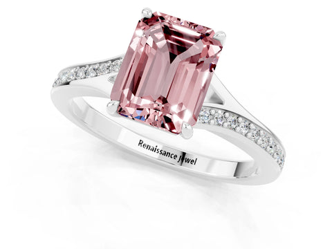 White gold Emerald Cut Morganite Solitaire Ring with Pavé Band and Prong Setting_1