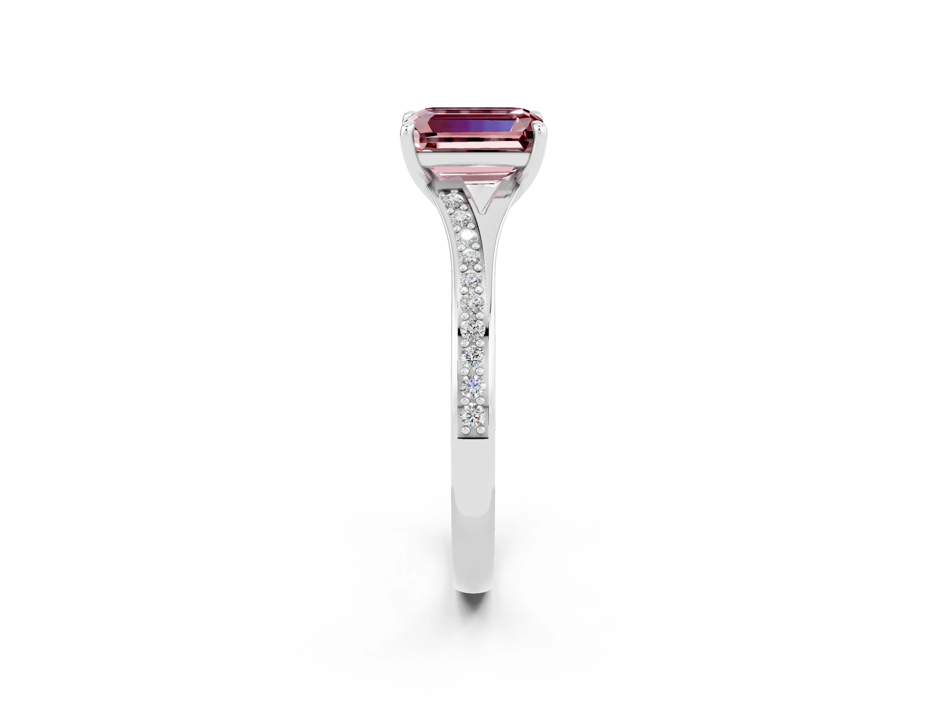White gold Emerald Cut Morganite Solitaire Ring with Pavé Band and Prong Setting_2