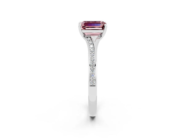 Silver Emerald Cut Morganite Solitaire Ring with Pavé Band and Prong Setting