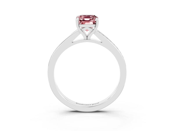 Platinum Emerald Cut Morganite Solitaire Ring with Pavé Band and Prong Setting