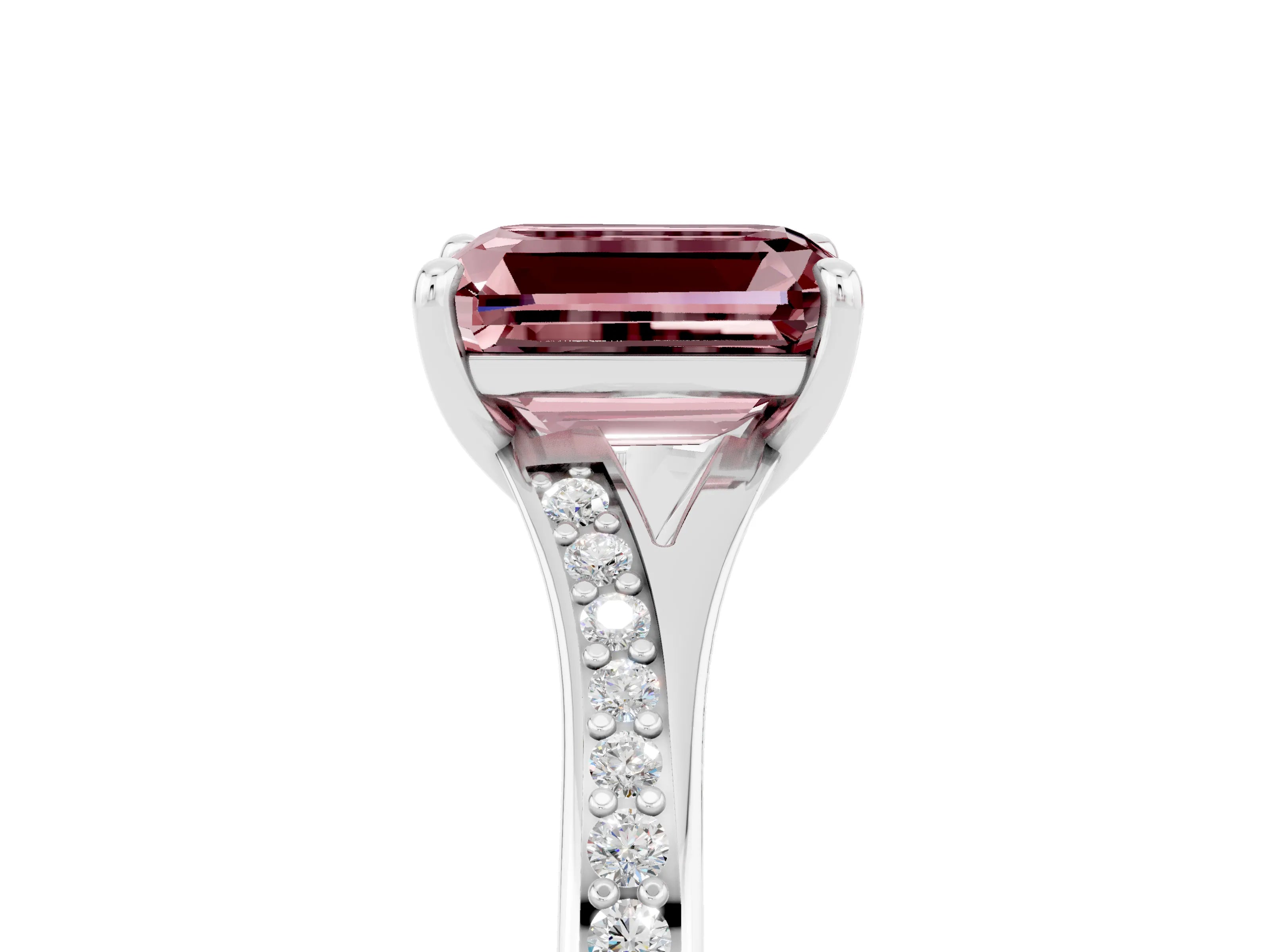 White gold Emerald Cut Morganite Solitaire Ring with Pavé Band and Prong Setting_5