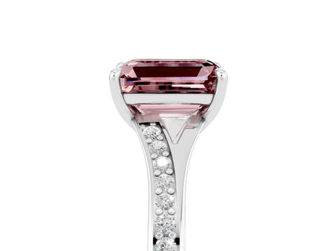 White gold Emerald Cut Morganite Solitaire Ring with Pavé Band and Prong Setting_5