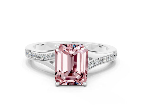 White gold Emerald Cut Morganite Solitaire Ring with Pavé Band and Prong Setting