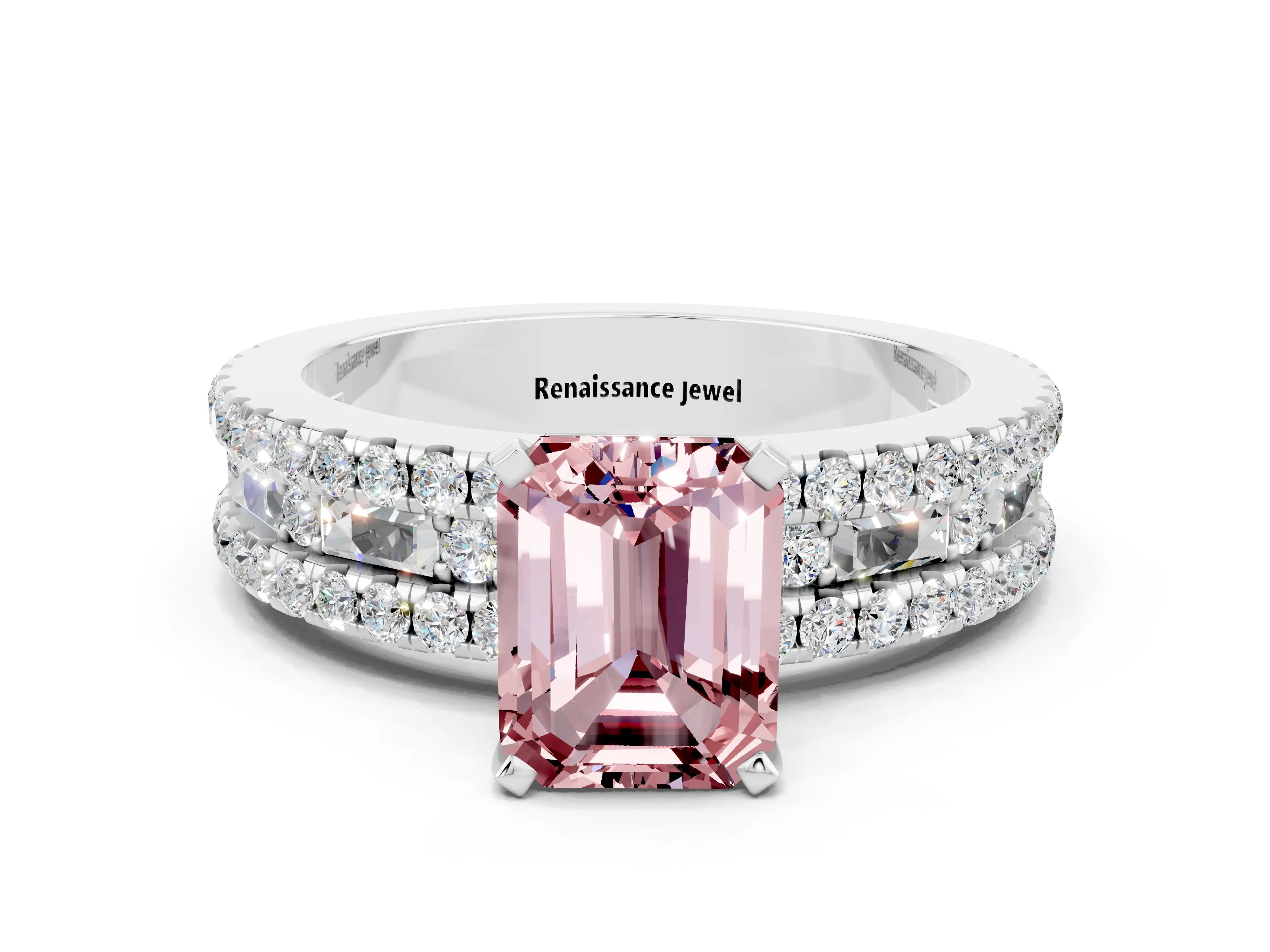 White gold Emerald Cut Morganite Solitaire Ring with Pavé and Channel Set Band