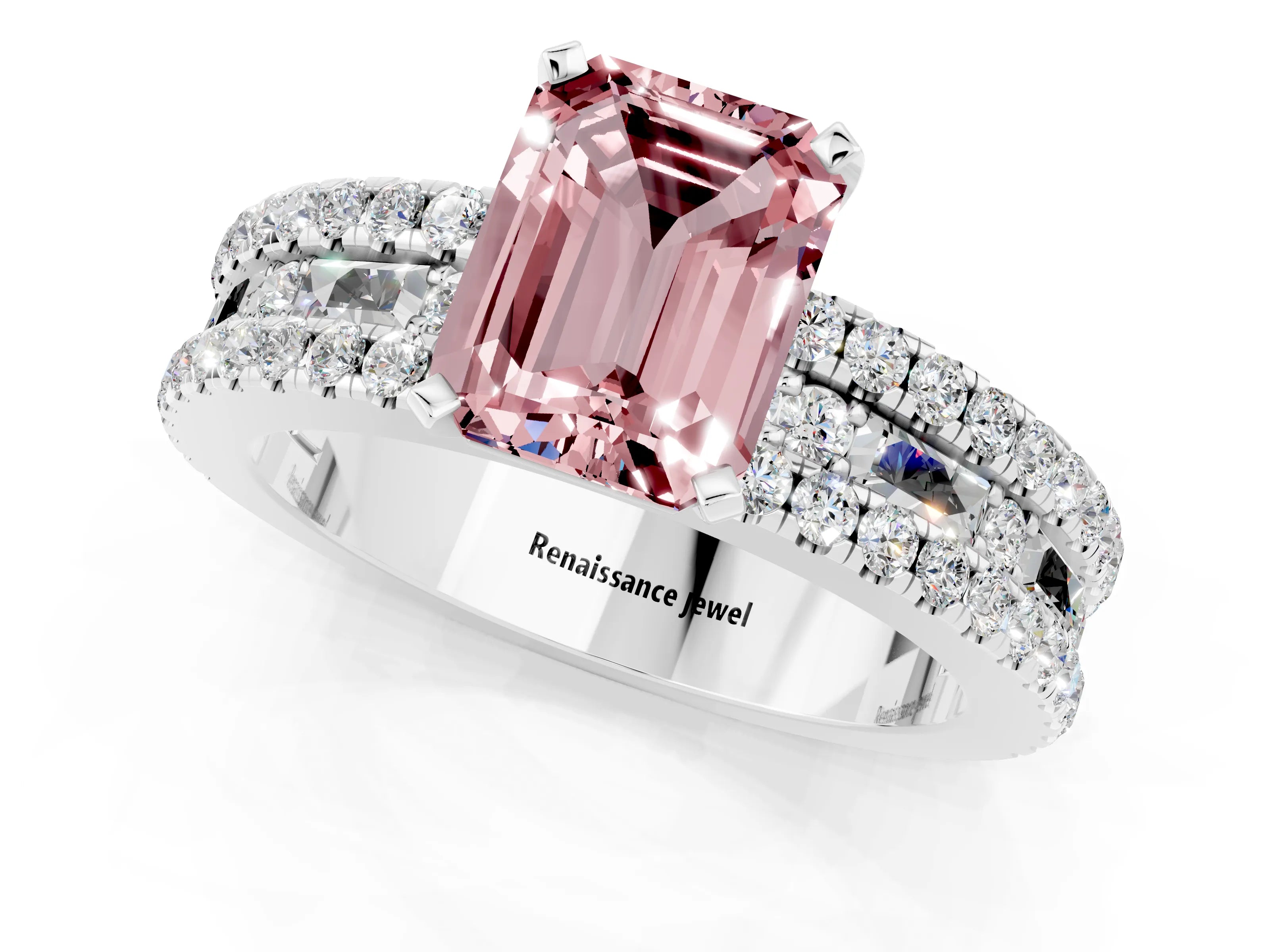 White gold Emerald Cut Morganite Solitaire Ring with Pavé and Channel Set Band_1