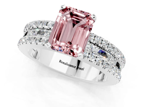 White gold Emerald Cut Morganite Solitaire Ring with Pavé and Channel Set Band_1