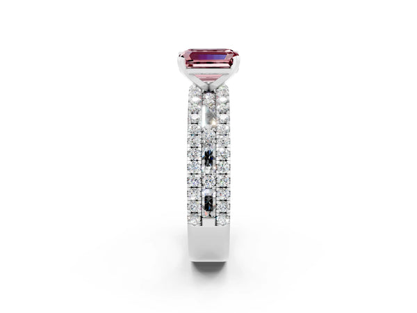 Platinum Emerald Cut Morganite Solitaire Ring with Pavé and Channel Set Band