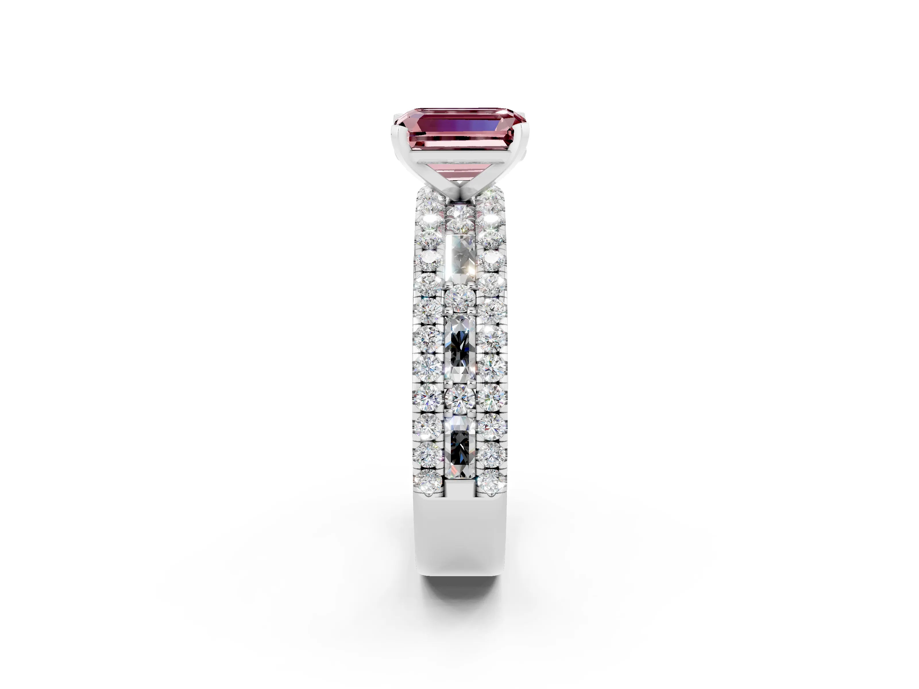 White gold Emerald Cut Morganite Solitaire Ring with Pavé and Channel Set Band_2