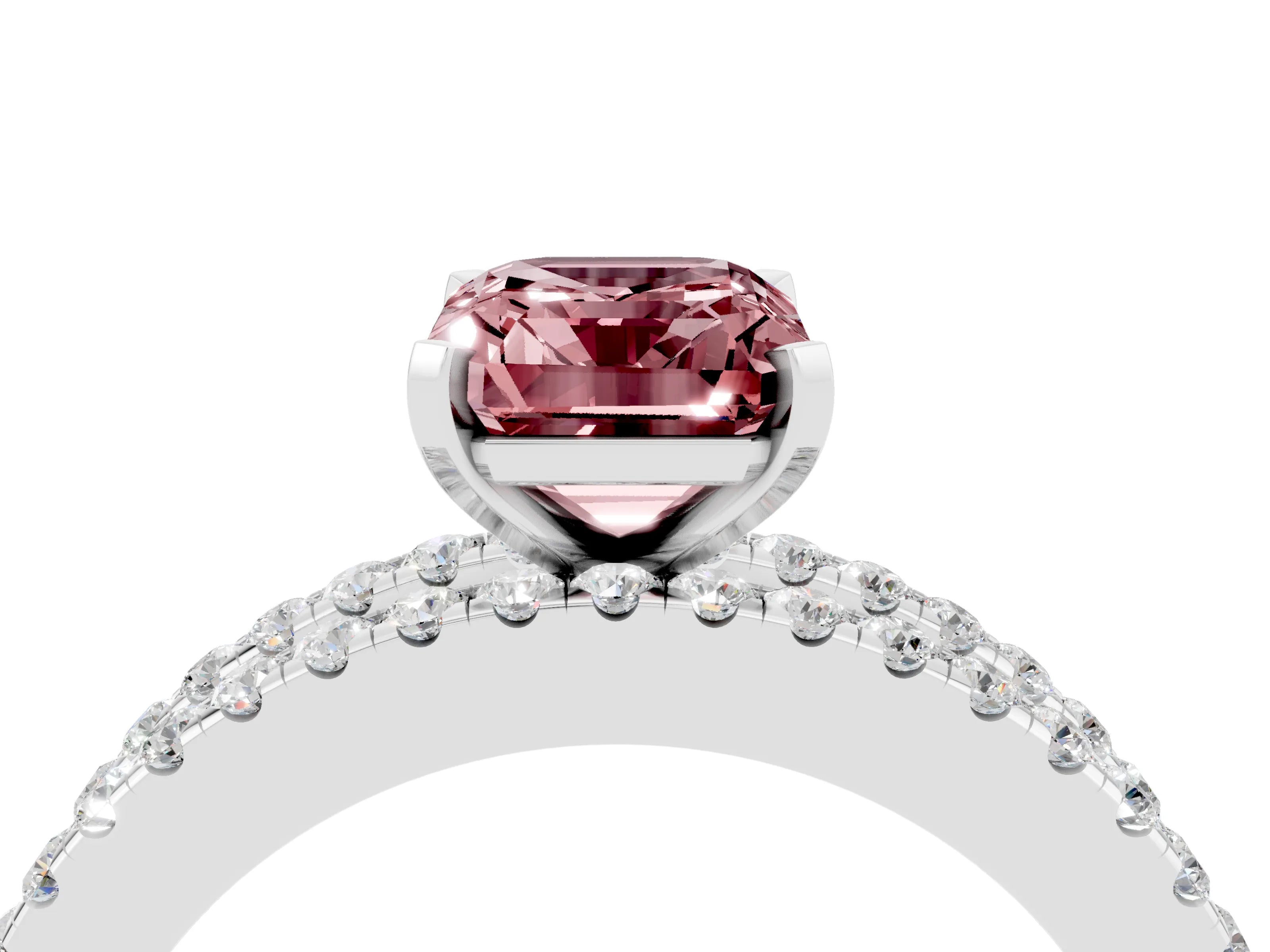 White gold Emerald Cut Morganite Solitaire Ring with Pavé and Channel Set Band_4
