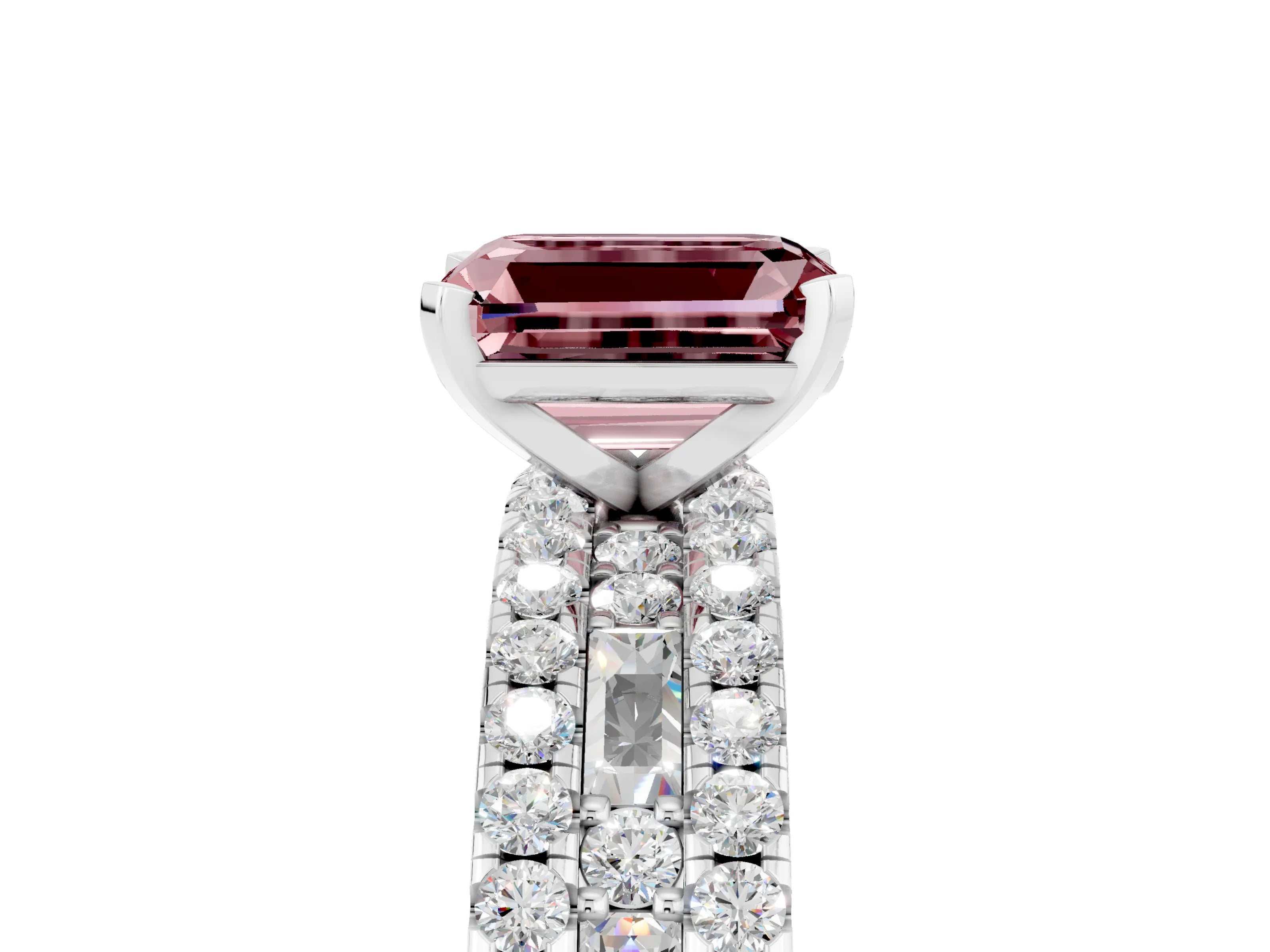 White gold Emerald Cut Morganite Solitaire Ring with Pavé and Channel Set Band_5