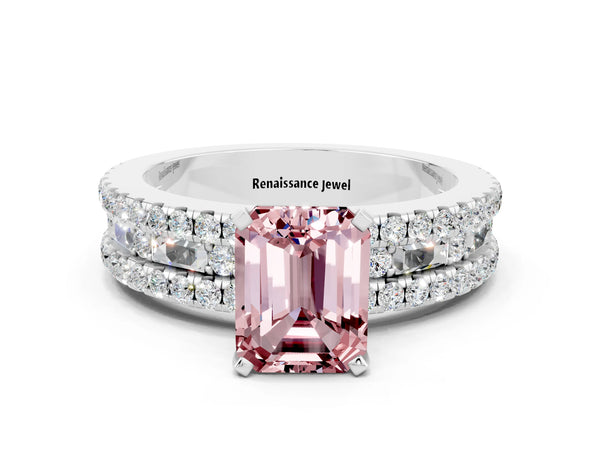 White gold Emerald Cut Morganite Solitaire Ring with Pavé and Channel Set Band