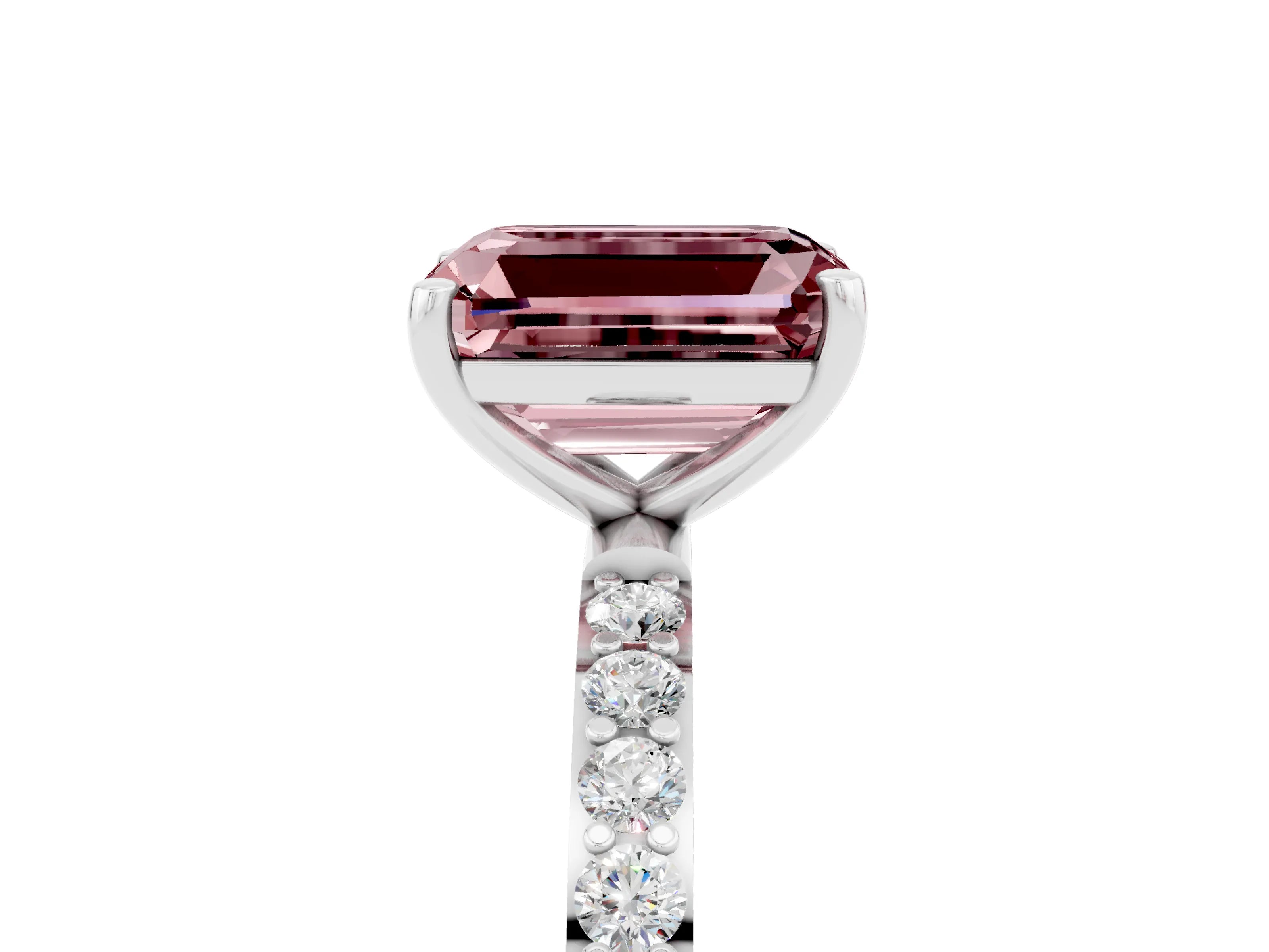 White gold Emerald Cut Morganite Solitaire Ring with Pave Band and Four Prong Setting_17