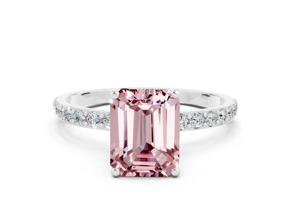White gold Emerald Cut Morganite Solitaire Ring with Round  Pavé Band and Prong Setting