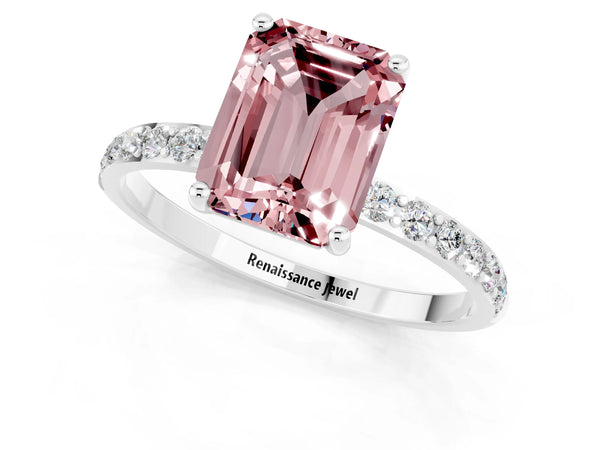 Silver Emerald Cut Morganite Solitaire Ring with Round  Pavé Band and Prong Setting