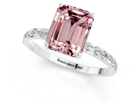 White gold Emerald Cut Morganite Solitaire Ring with Pave Band and Four Prong Setting_25