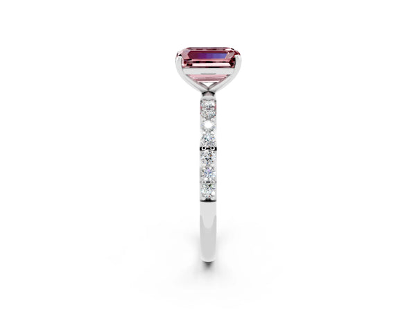 Silver Emerald Cut Morganite Solitaire Ring with Round  Pavé Band and Prong Setting
