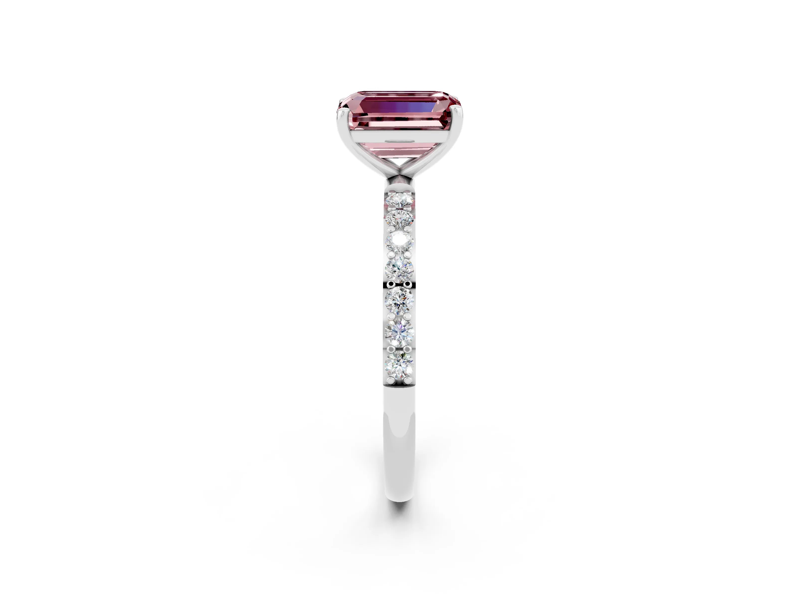 White gold Emerald Cut Morganite Solitaire Ring with Pave Band and Four Prong Setting_26