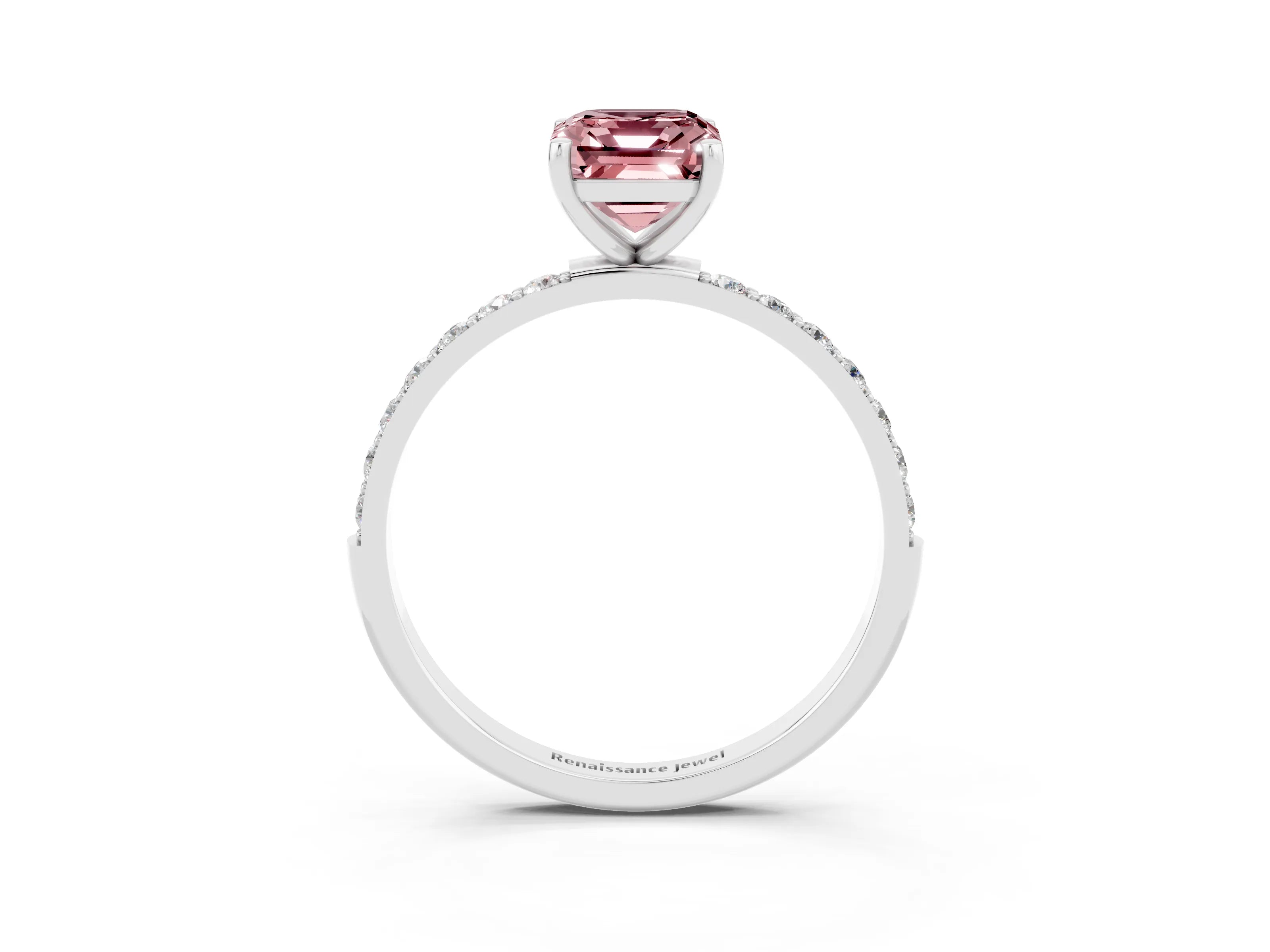 White gold Emerald Cut Morganite Solitaire Ring with Pave Band and Four Prong Setting_27