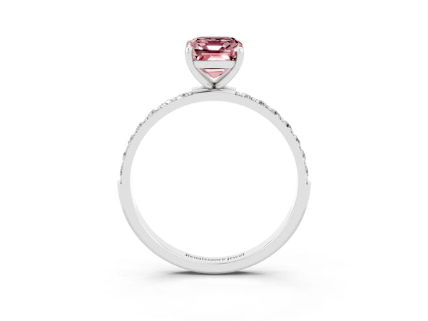 Silver Emerald Cut Morganite Solitaire Ring with Round  Pavé Band and Prong Setting