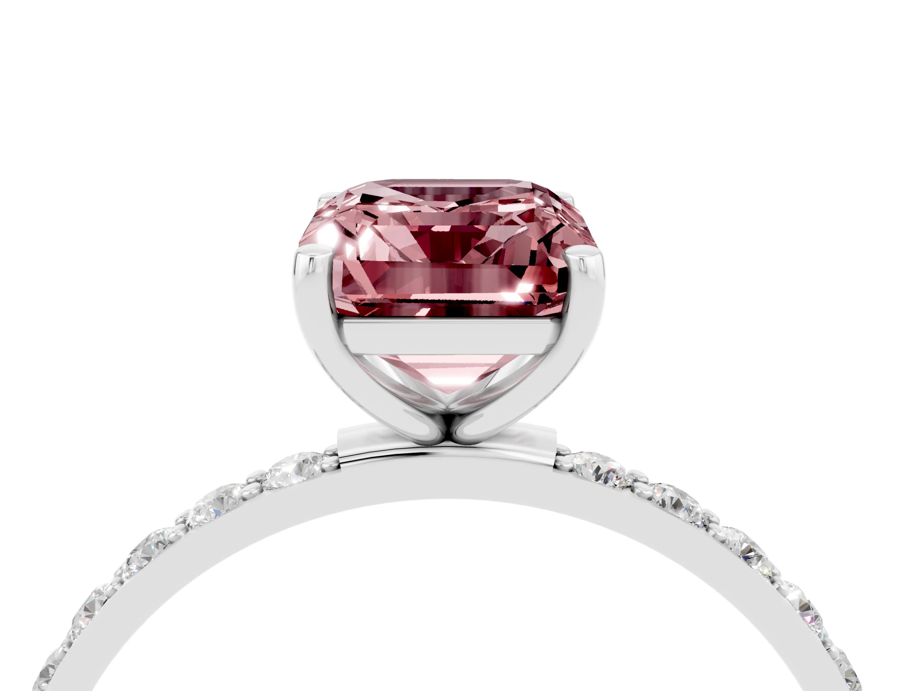 White gold Emerald Cut Morganite Solitaire Ring with Pave Band and Four Prong Setting_28