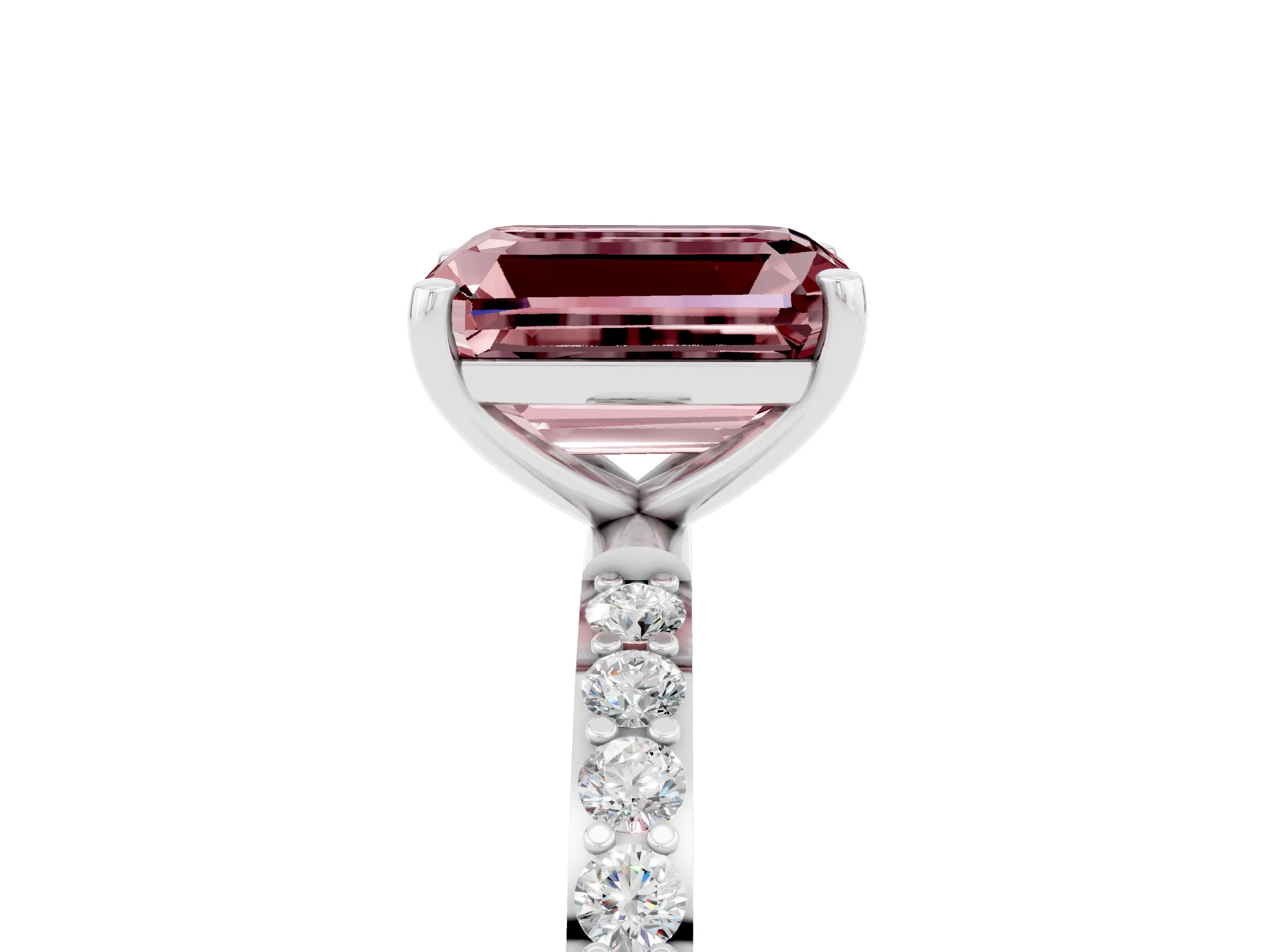 White gold Emerald Cut Morganite Solitaire Ring with Pave Band and Four Prong Setting_29
