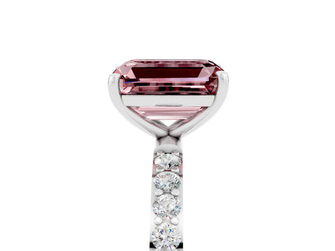 White gold Emerald Cut Morganite Solitaire Ring with Pave Band and Four Prong Setting_29