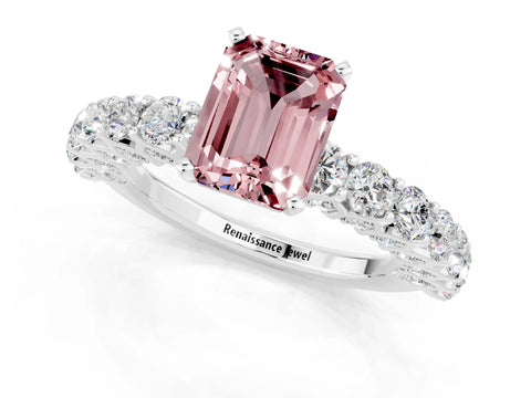 White gold Emerald Cut Morganite Solitaire Ring with Shared Prong Pavé Band and Four-Prong Setting_1
