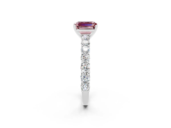 Platinum Emerald Cut Morganite Solitaire Ring with Shared Prong Pavé Band and Four-Prong Setting