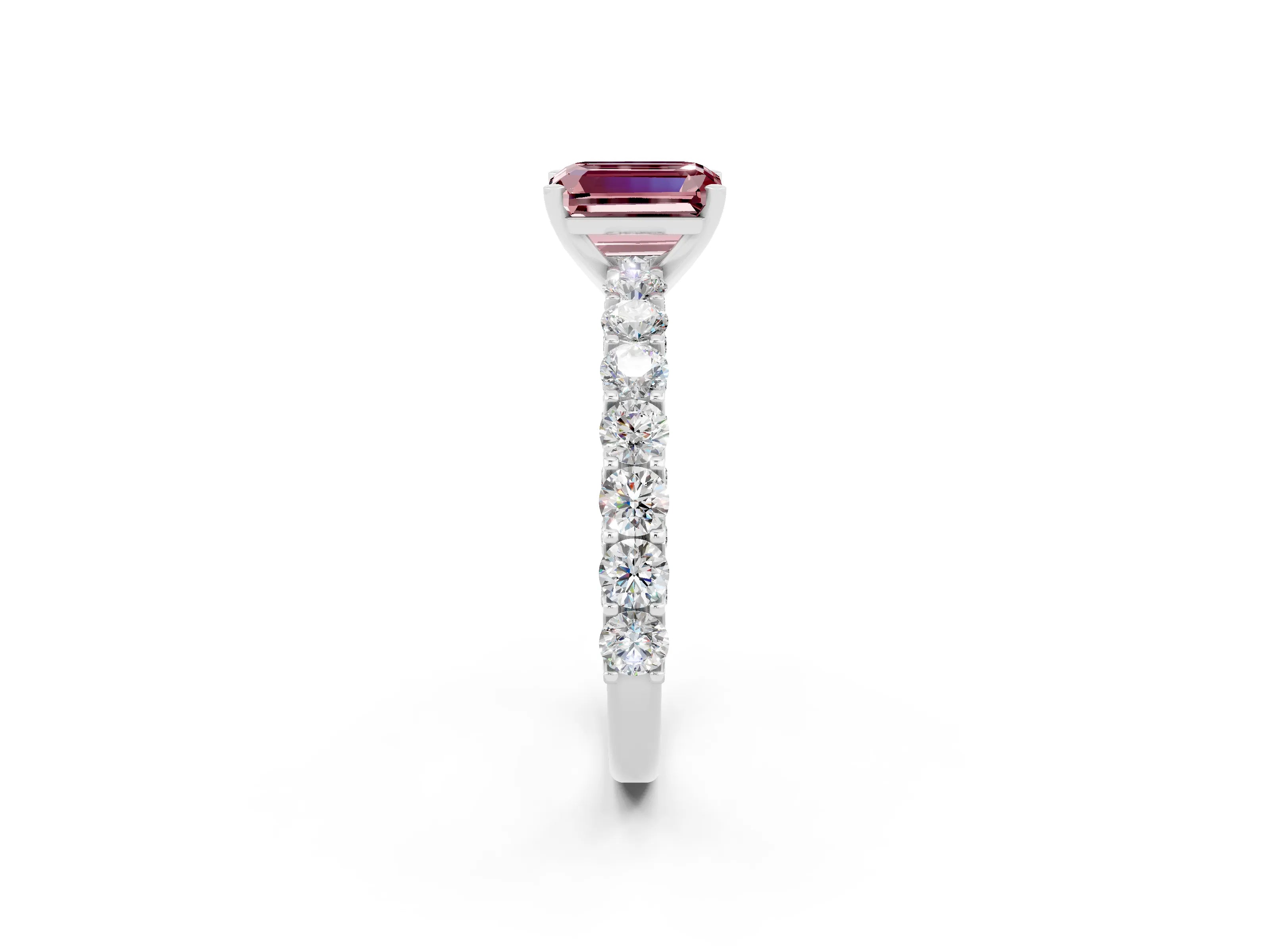 White gold Emerald Cut Morganite Solitaire Ring with Shared Prong Pavé Band and Four-Prong Setting_2