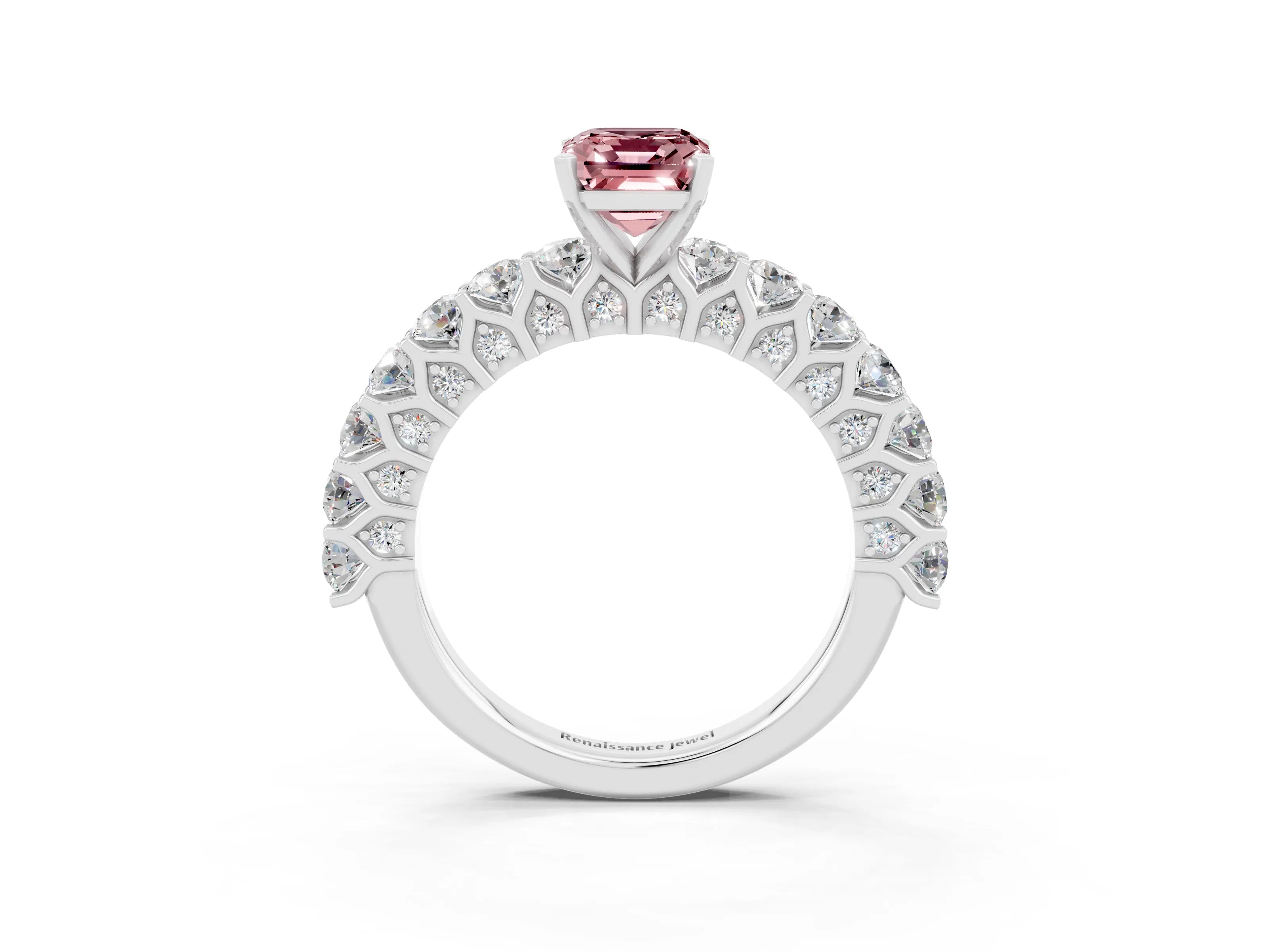 White gold Emerald Cut Morganite Solitaire Ring with Shared Prong Pavé Band and Four-Prong Setting_3