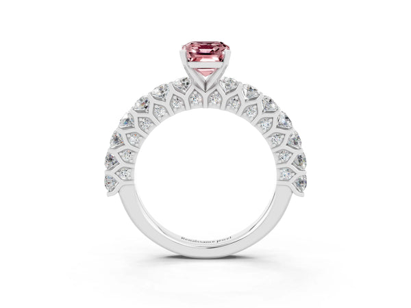 Silver Emerald Cut Morganite Solitaire Ring with Shared Prong Pavé Band and Four-Prong Setting