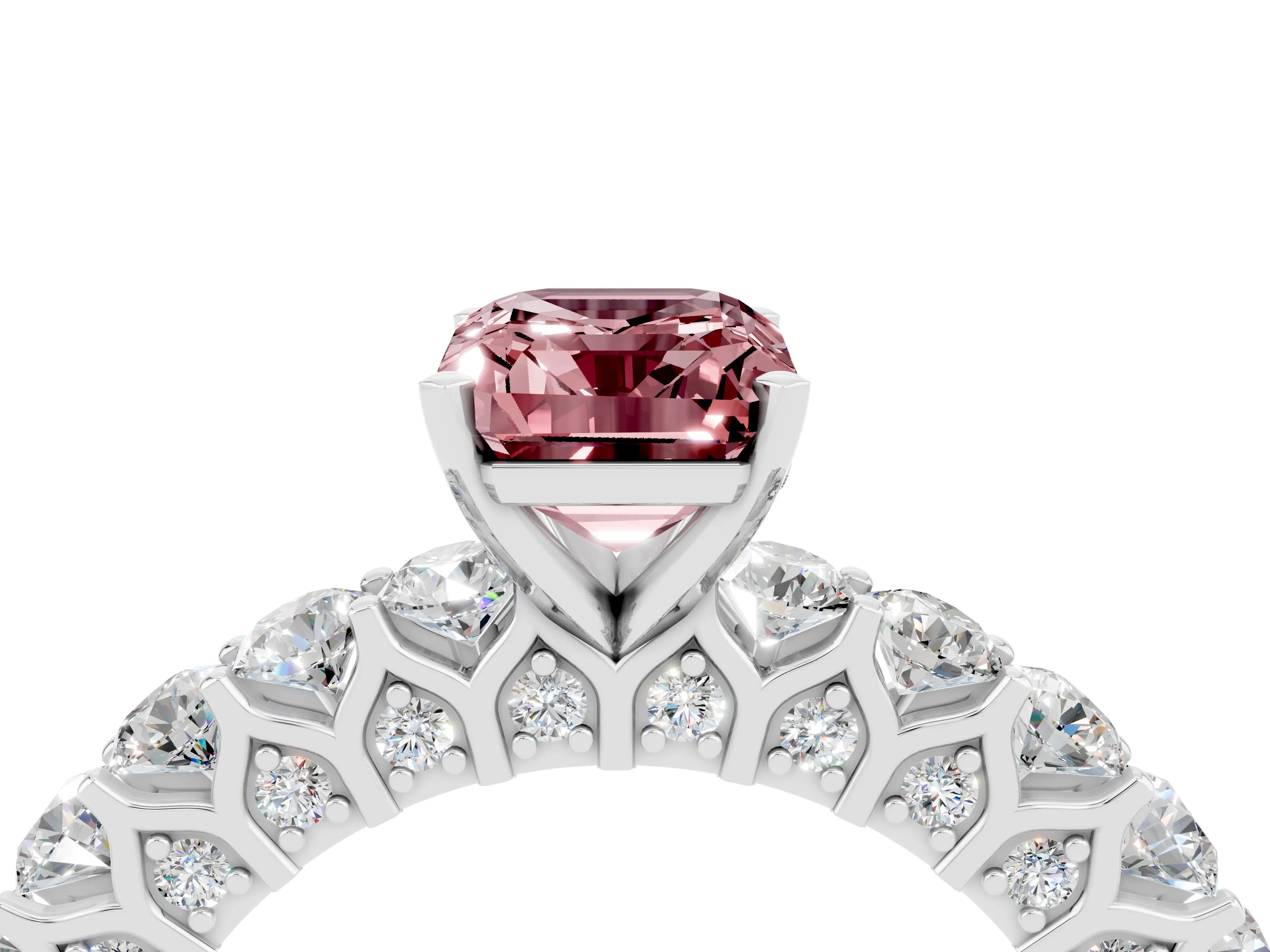 White gold Emerald Cut Morganite Solitaire Ring with Shared Prong Pavé Band and Four-Prong Setting_4