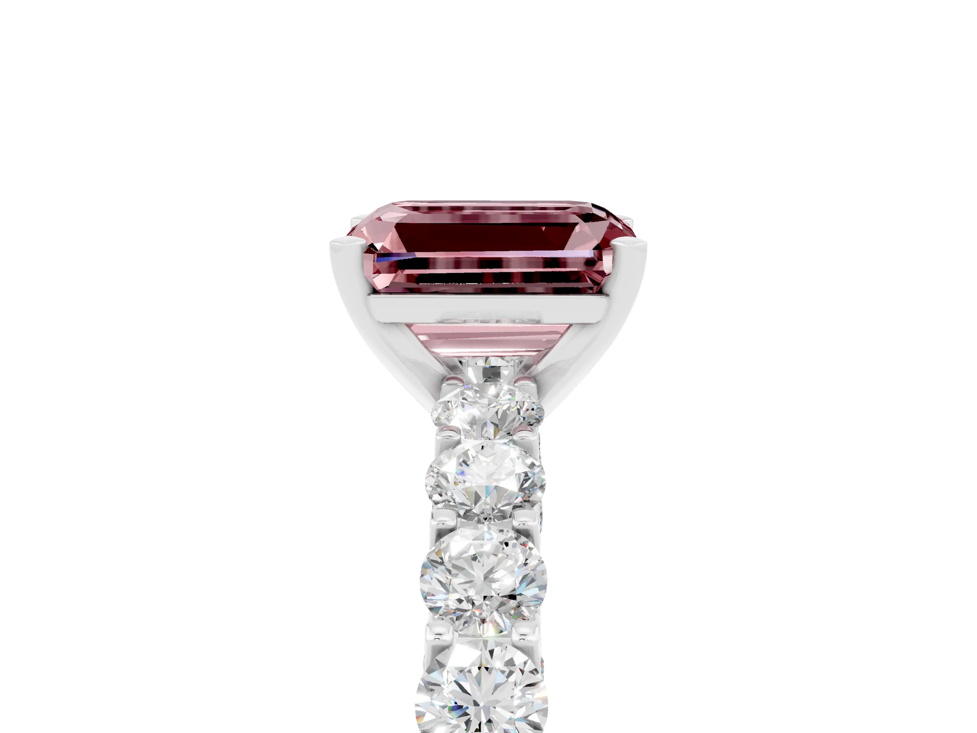 White gold Emerald Cut Morganite Solitaire Ring with Shared Prong Pavé Band and Four-Prong Setting_5