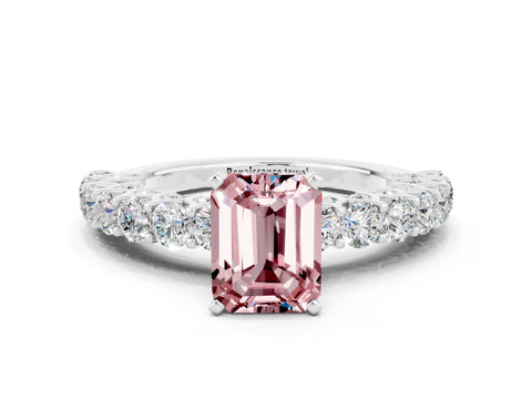 White gold Emerald Cut Morganite Solitaire Ring with Shared Prong Pavé Band and Four-Prong Setting