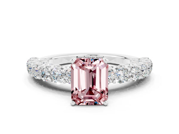 Silver Emerald Cut Morganite Solitaire Ring with Shared Prong Pavé Band and Four-Prong Setting